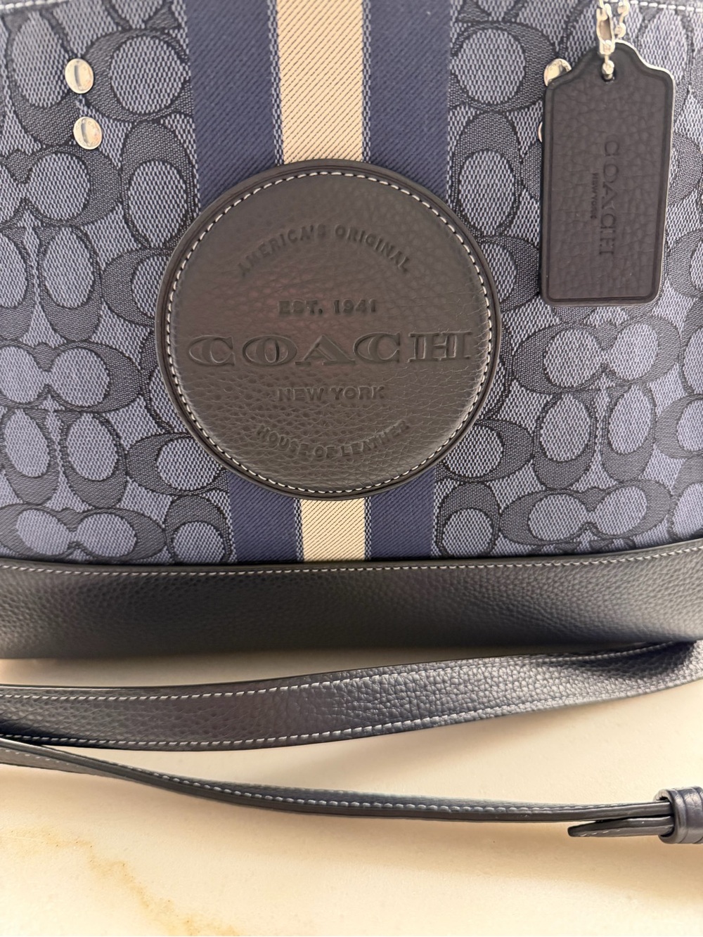 Coach Navy Signature Stripe Messenger Bag with Tan Accent